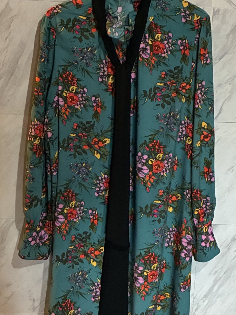 Halogen Dress with Neck Tie - XL Green Multi Color Long Sleeves